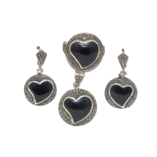 3pcs Pendant Earrings Ring Set 925 Sterling Silver Enamel Meena Marcasite Stone Women Gift E524 